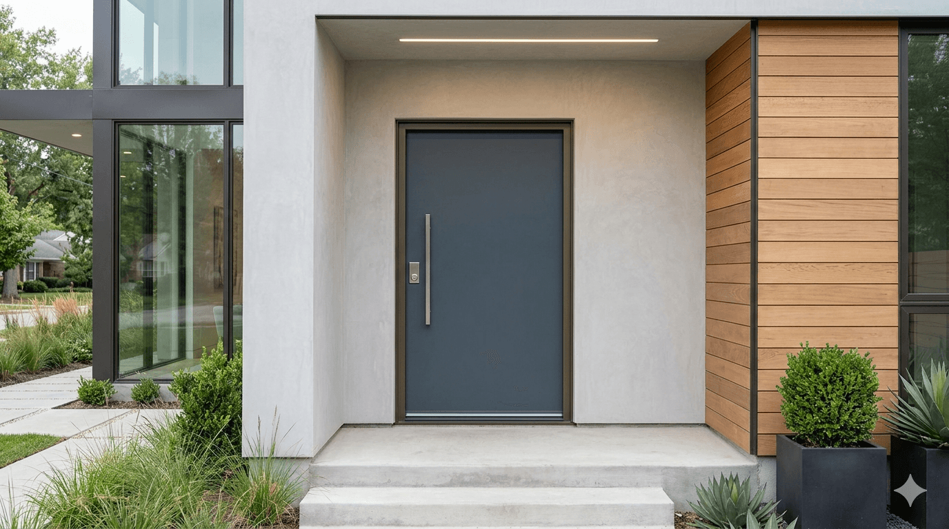 Dark painted exterior prehung door installed in a finished entryway